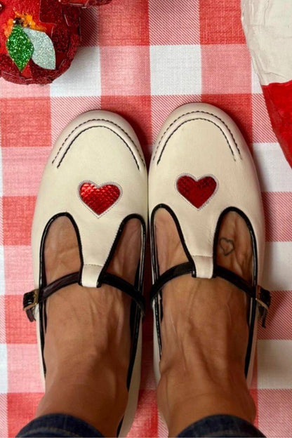 Cream Leather Heart Applique T-Strap Mary Jane Flats