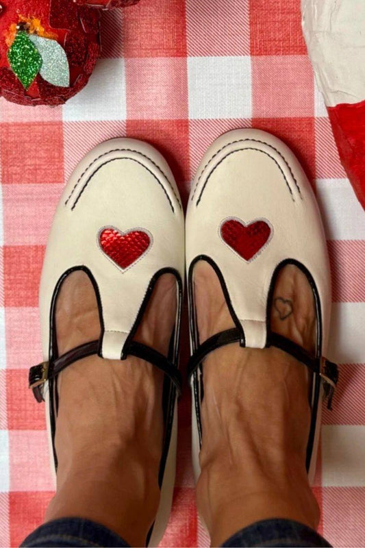 Cream Leather Heart Applique T-Strap Mary Jane Flats
