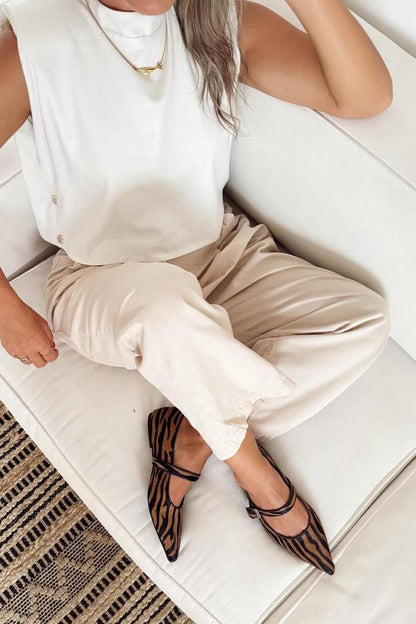 Zebra Print Instep Strap Buckle Pointed Toe Brown Flats
