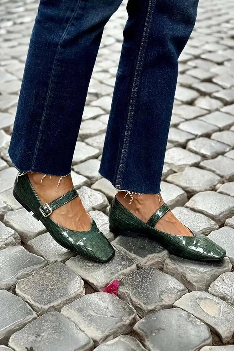 Instep Strap Buckle Square Toe Casual Dark Green Flats