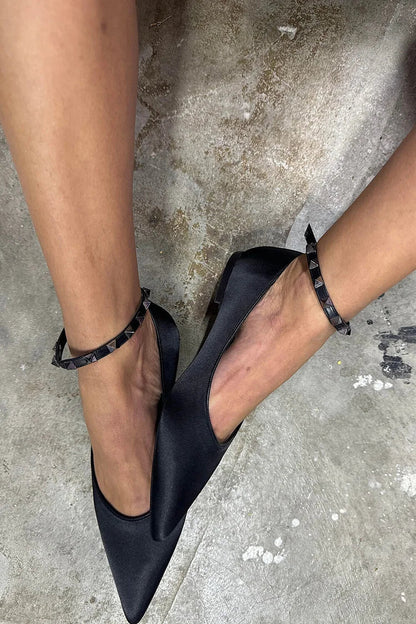 Metal Rivets Ankle Strap Buckle Pointe Toe Black Flats