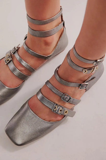 Tailored Multi Straps Buckles Square Toe Metallic Sheen Silver Flats