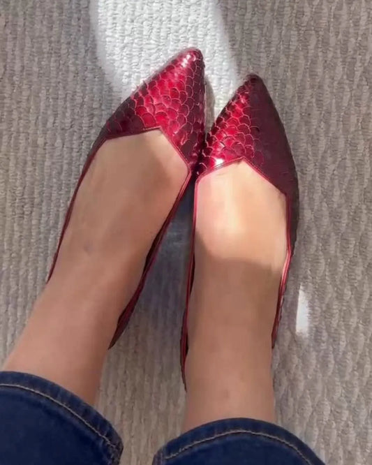 Snake Embossed Pointed Toe Versatile Ballet Flats