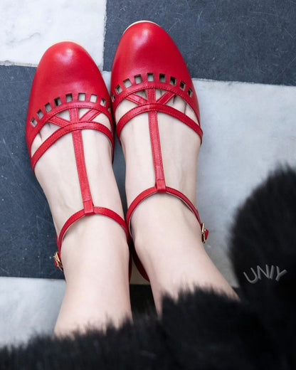 Red PU Leather T-Strap Cutout Round Toe Mary Jane Flats