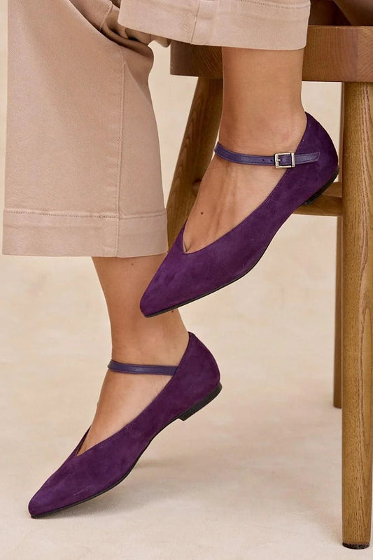 Ankle Strap Buckle Solid Color Pointed Toe Purple Flats