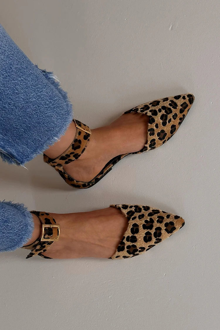 Leopard Pattern Ankle Strap Buckle Pointed Toe Flats