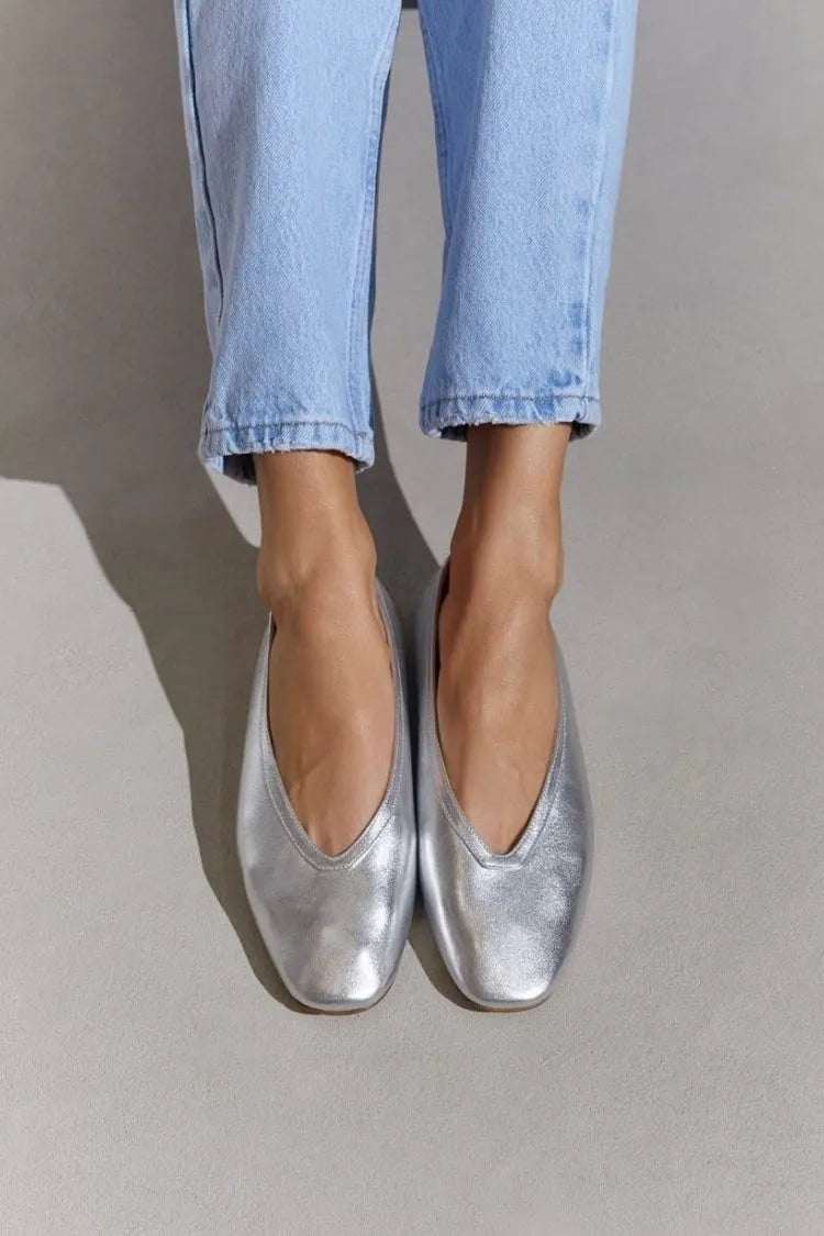 Silver Metallic Square Toe V-Cut Silver Ballet Flats