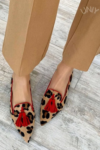 Red Tassel Pointed Toe Leopard Print Versatile Flats