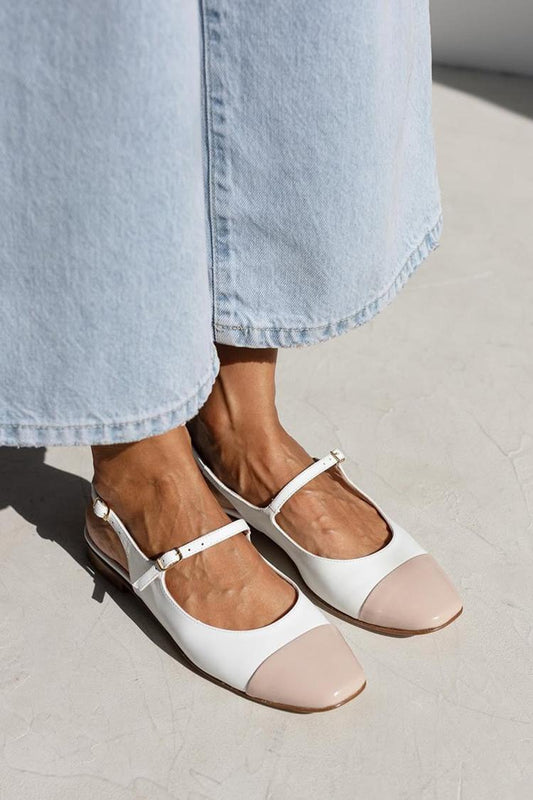 Colorblock Instep Strap Buckle Slingback White Flats