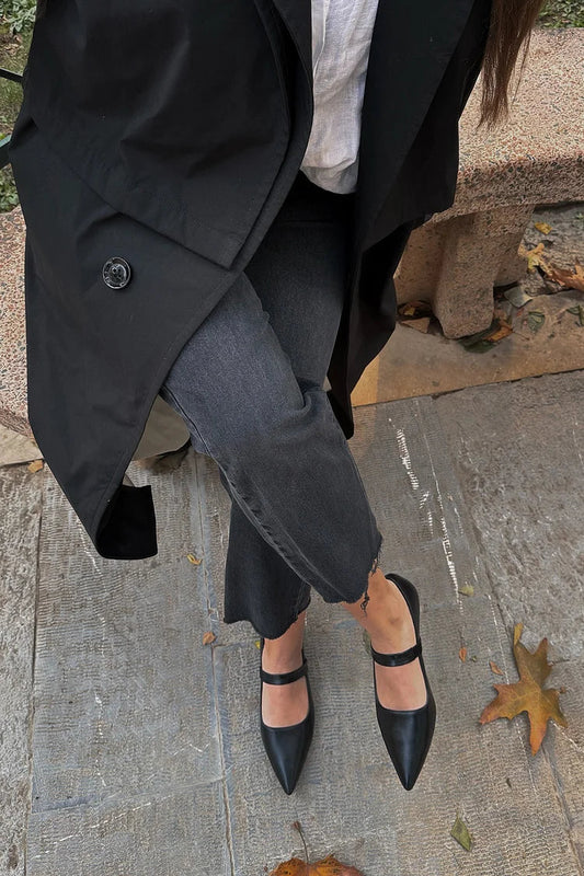 Solid Color Instep Strap Pointed Toe Black Flats
