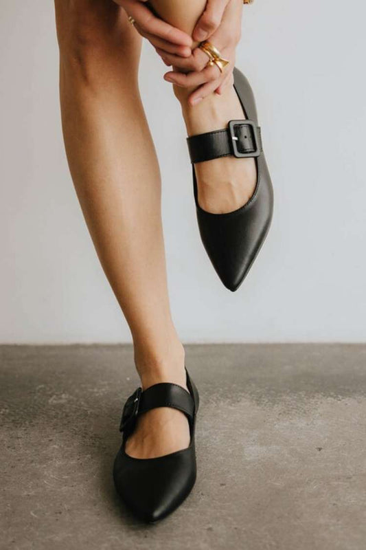 Leather Buckle Strap Pointed Toe Mary Jane Flats