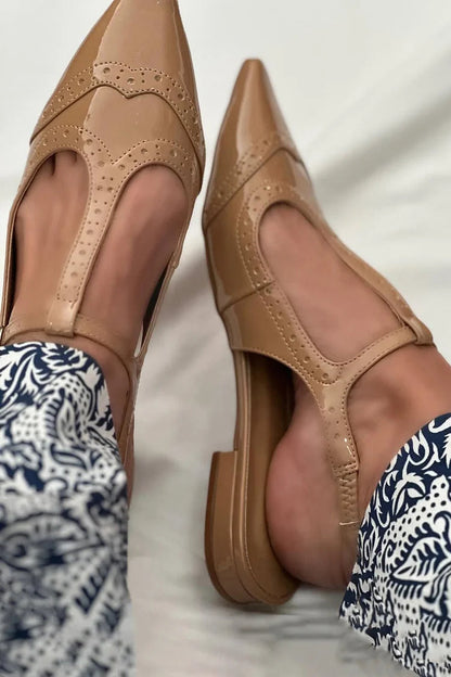 Patchwork T-Strap Buckle Pointed Toe Light Brown Flats