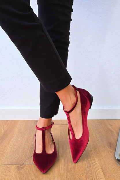 Patchwork T-Shaped Ankle Strap Pointy Toe Buckle Burgundy Flats