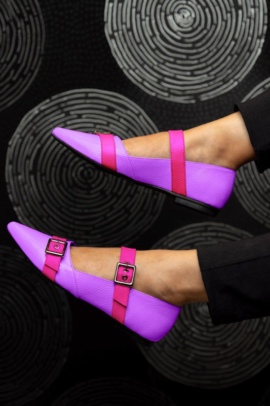 Colorblock Two Strap Buckle Pointed Toe Purple Flats
