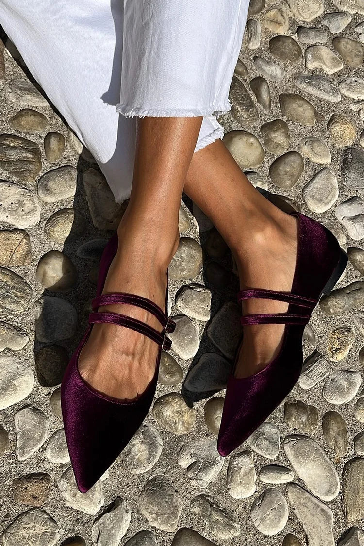 Two Straps Buckles Pointed Toe Velvet Dark Purple Flats