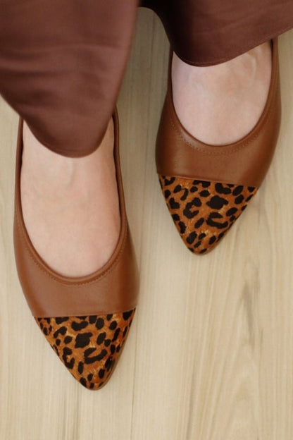 Faux Leather Colorblock Leopard Cap Toe Pointed Flats