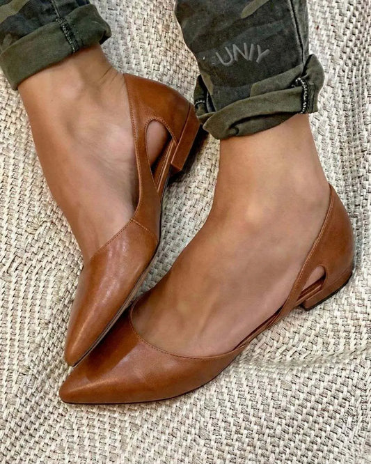 Vintage Brown PU Leather Pointed Toe Cutout Flats