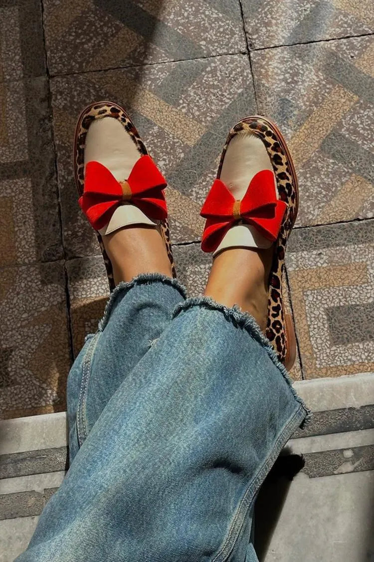 Leopard Print Bow Accent Round Toe Flats