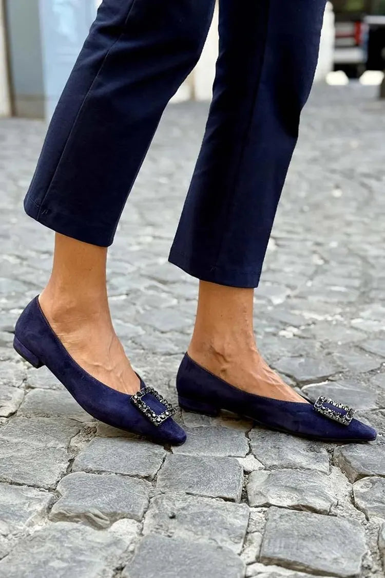 Rhinestone Square Decor Pointed Toe Casual Navy Flats