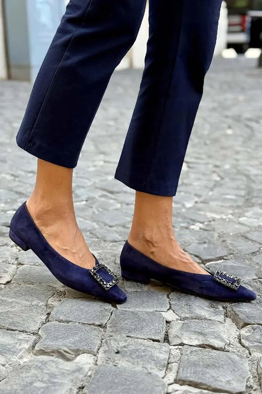 Rhinestone Square Decor Pointed Toe Casual Navy Flats