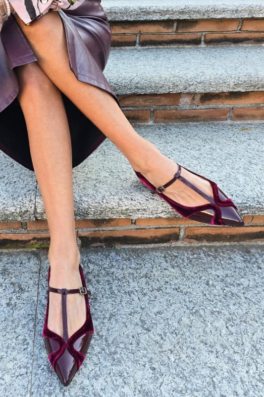 Velvet Patchwork T-Strap Buckle Pointy Toe Burgundy Flats