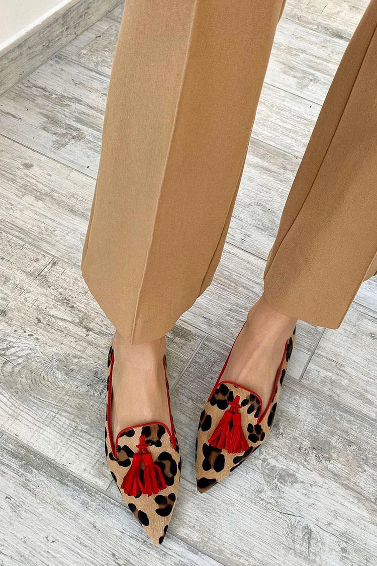 Leopard Print Colorblock Tassels Pointed Toe Khaki Flats