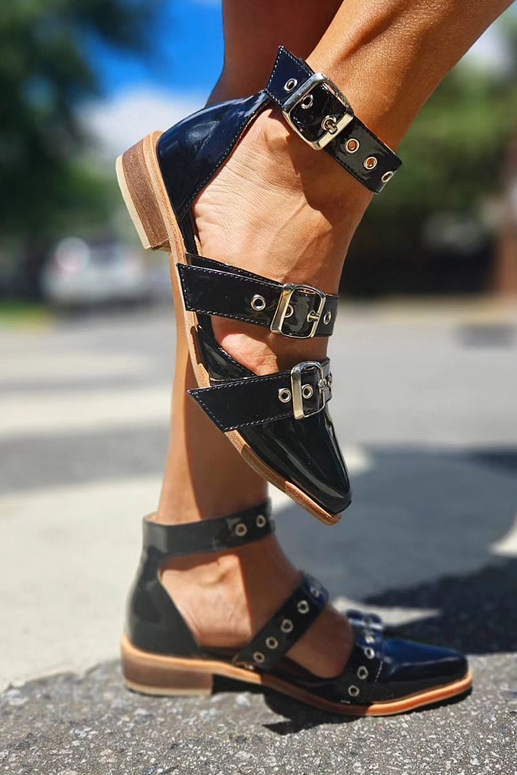 Metallic Eyelets Pointed Toe Ankle Strap Buckle Black Flats