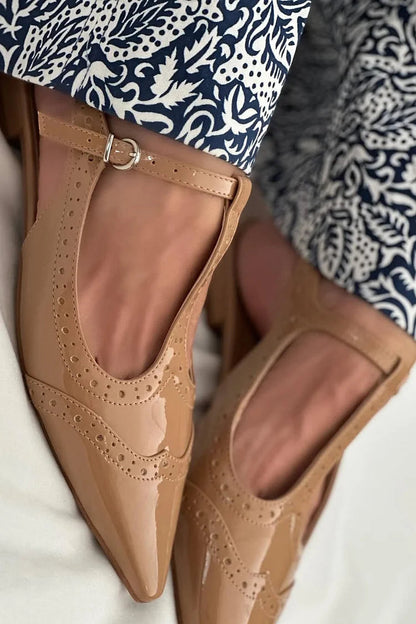 Patchwork T-Strap Buckle Pointed Toe Light Brown Flats
