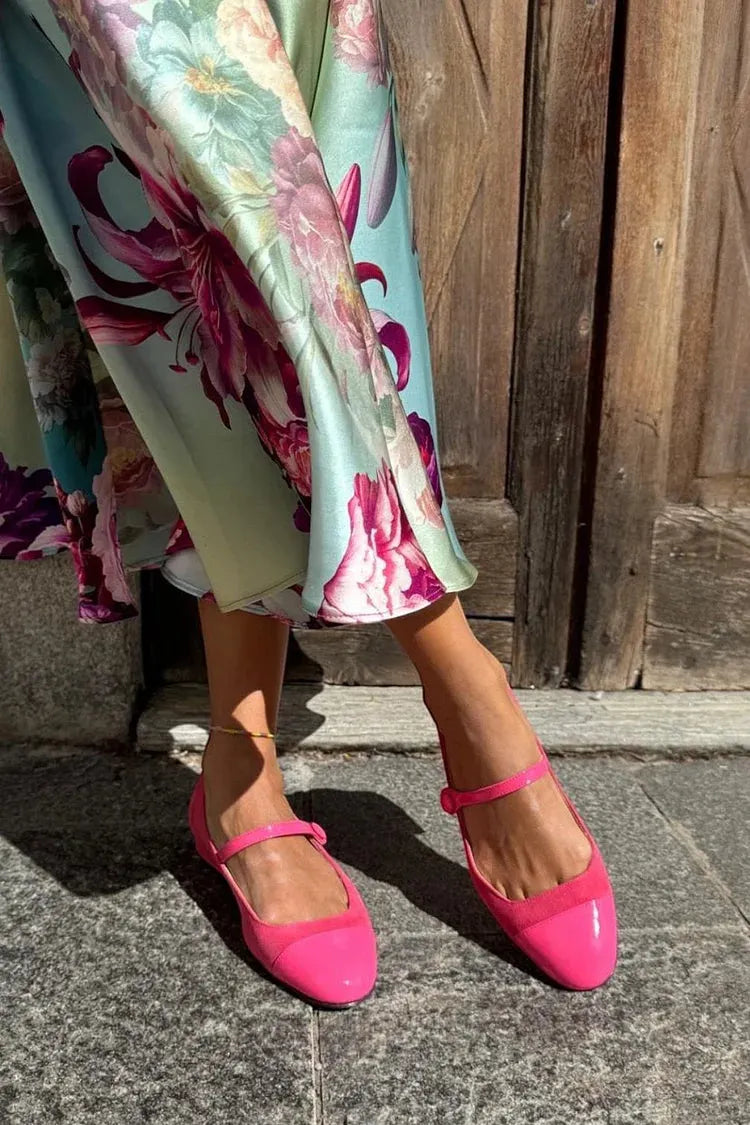Instep Strap Buckle Patchwork Round Toe Fuchsia Flats