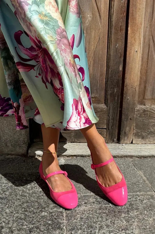 Instep Strap Buckle Patchwork Round Toe Fuchsia Flats