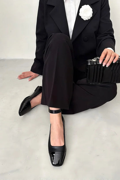 Ankle Strap Buckle Patchwork Square Toe Black Flats