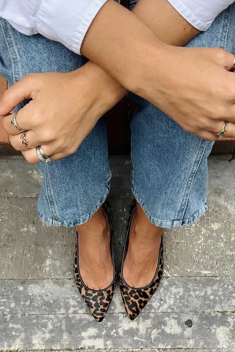 Pointed Toe Leopard Print Slip On Brown Flats
