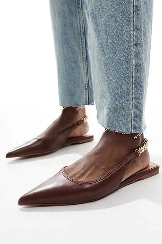 Alloy Chain Slingback Strap Pointed Toe Solid Color Brown Flats