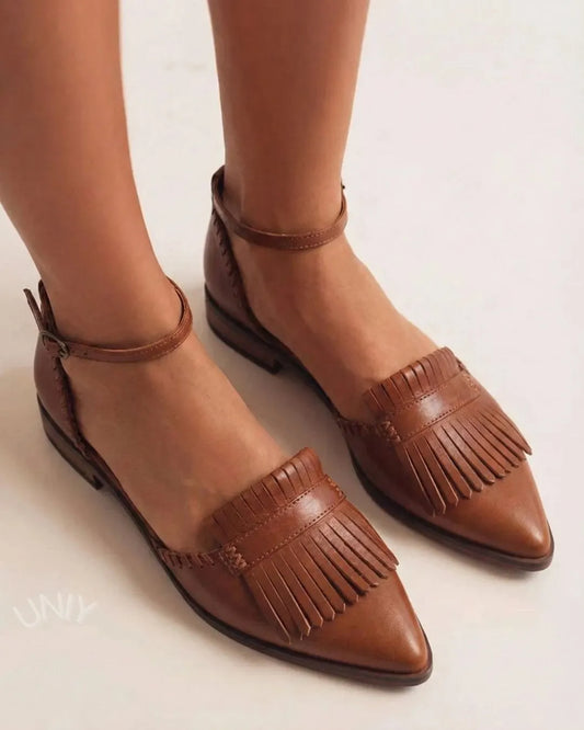 Brown Leather Pointed Toe Fringe Ankle Strap Flats