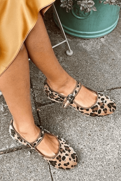 Leopard Print Faux Suede Double Strap Round Toe Flats