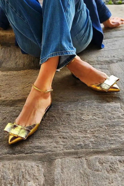 Bow Decor Ankle Strap Buckle Pointed Toe Gold Flats