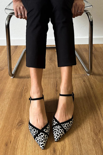 Cow Pattern Ankle Strap Buckle Pointed Toe White Flats
