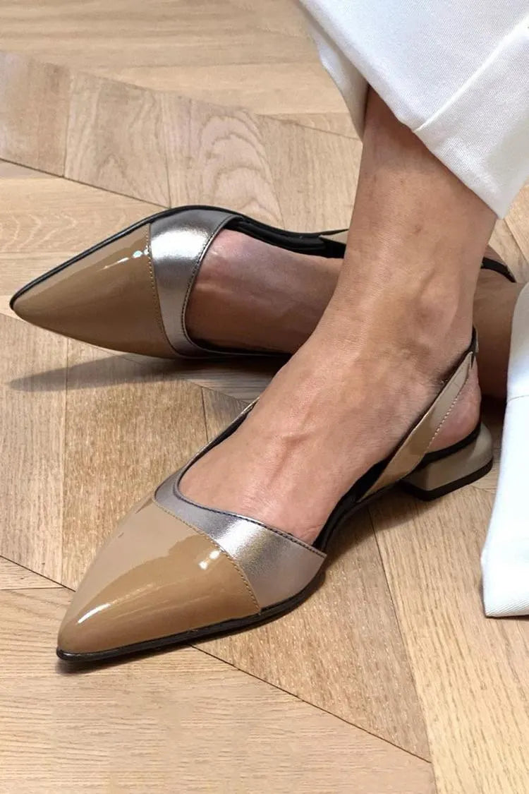 Patchwork Pointed Toe Asymmetric Strap Khaki Flats