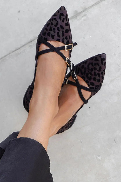 Cross Straps Buckles Pointed Toe Leopard Print Dark Brown Flats