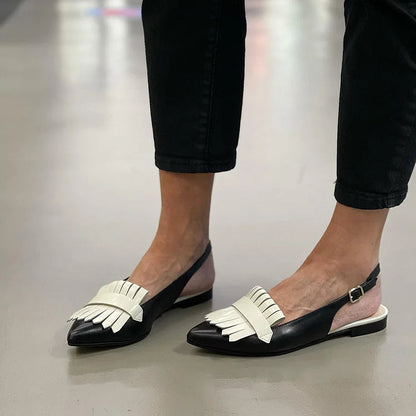 Fringed Trim Pointy Toe Strap Slingback Retro Flats