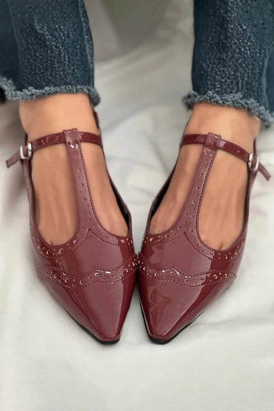 T-Strap Buckle Patchwork Pointed Toe Burgundy Flats