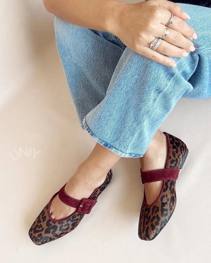 Leopard Print Mary Jane Burgundy Buckle Strap Flats
