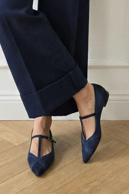 Retro Navy Blue Faux Suede Pointed Toe T-Strap Flats
