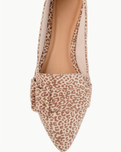 Leopard Print Pointed Toe Wide Buckle Low-Cut Flats
