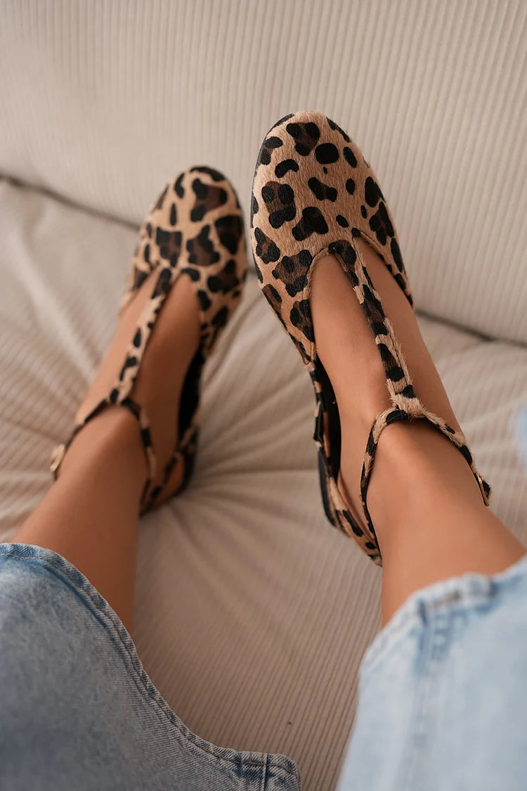 Leopard Pattern Round Toe T-Strap Buckle Brown Flats