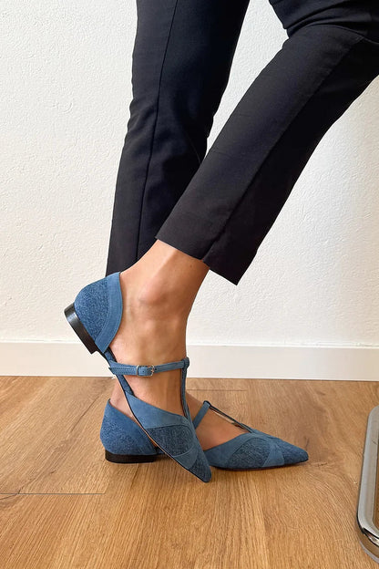 Patchwork T-Strap Buckle Pointed Toe Blue Flats