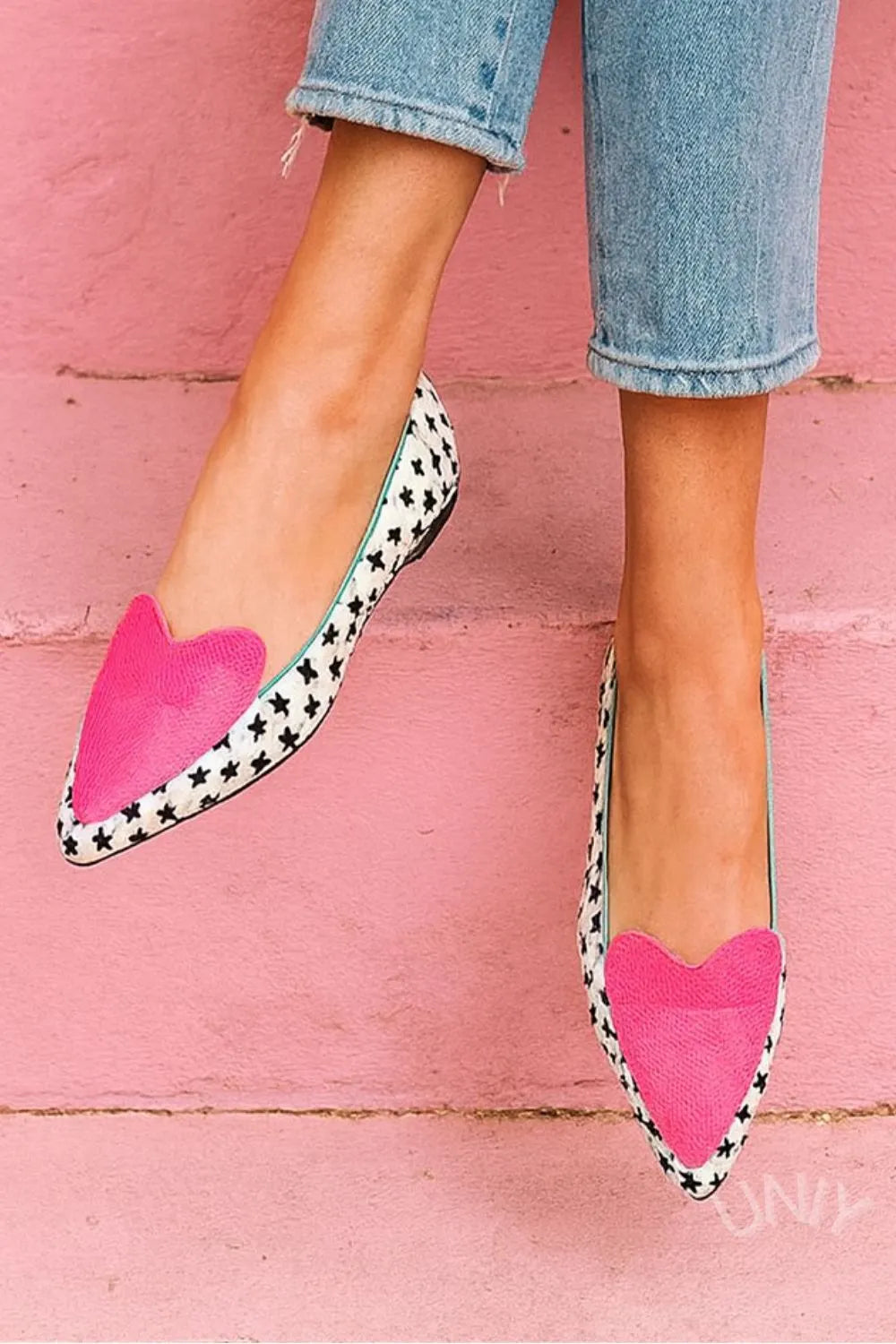 Pink Heart Star Print Pointed Flats