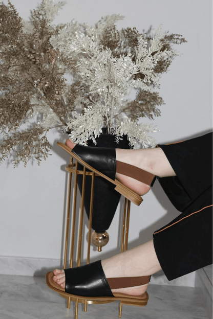 Elastic Slingback Faux Leather Open Toe Flats