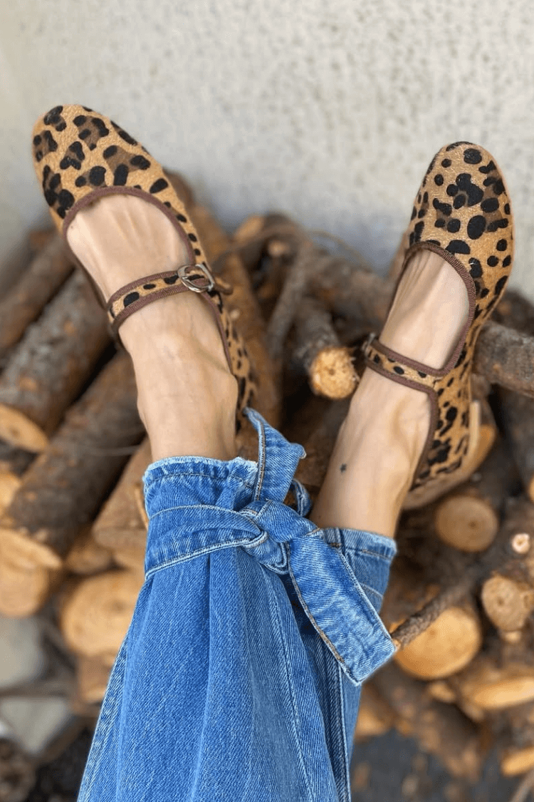 Leopard Print Faux Suede Double Strap Round Toe Flats