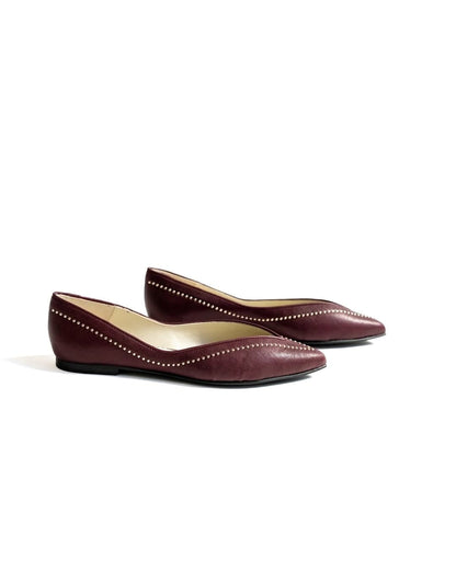 Burgundy V-Cut Studded Detail Pointed Toe Slip-On Flats